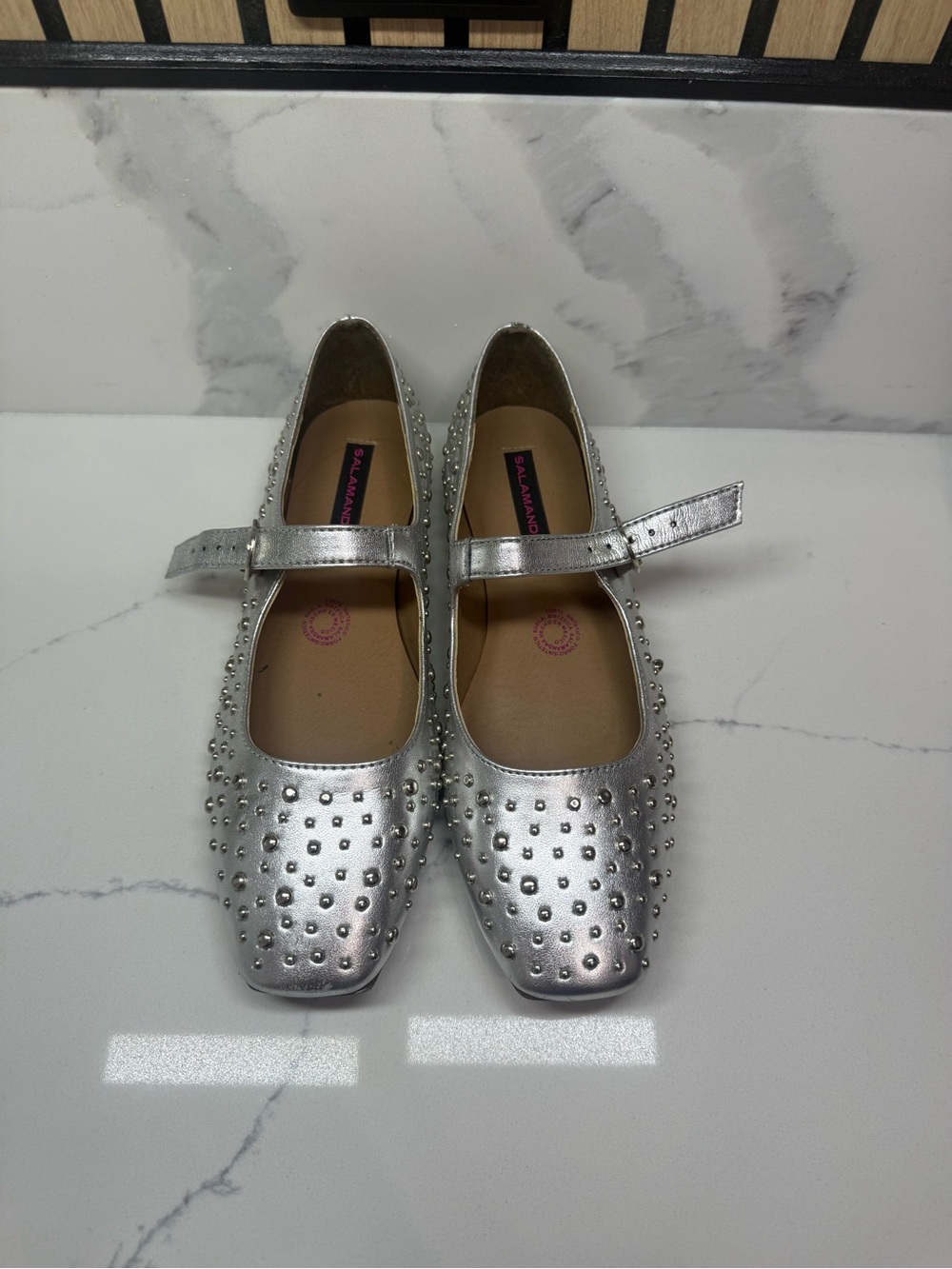 Silver Studded Mary Jane Flats - Women